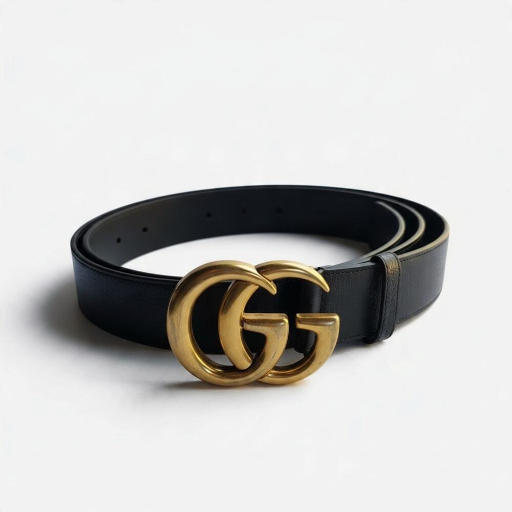 Gucci Belt Womens One Size Black Metal GG Logo Buckle Gold Tone Statement